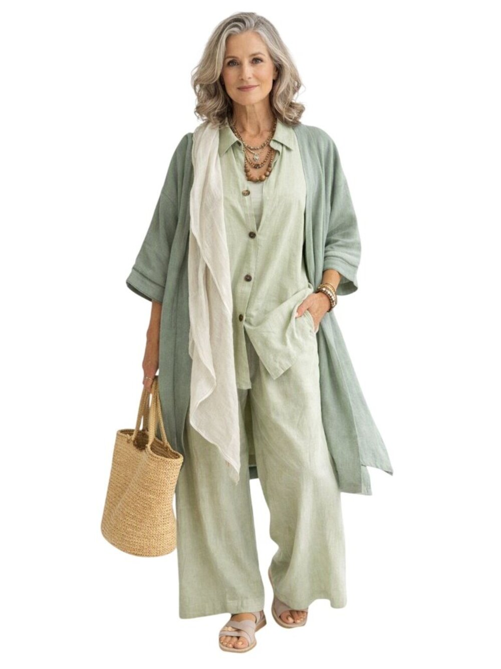 Rabbit Rabbit Rabbit Women Plus SZ 18 Sage Linen-Blend Pant Set Lagenlook Casual